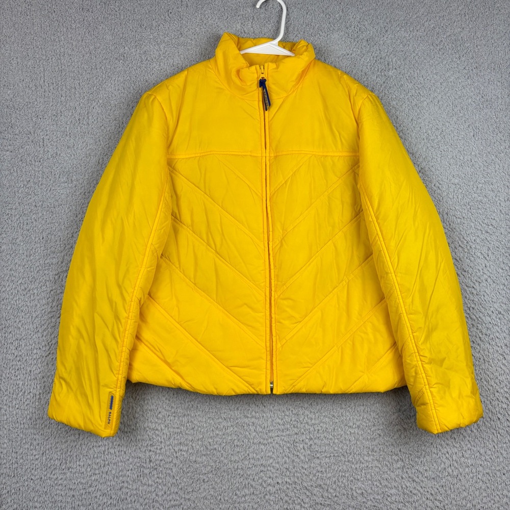 Ralph Lauren Puffer Jacket Womens Large Yellow Chevron Quilted Mock Neck Zip